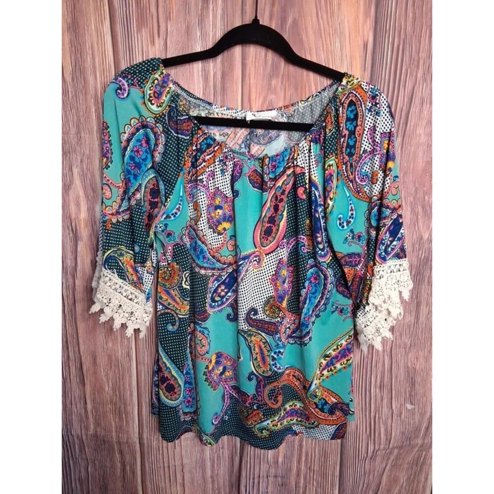 Christian Caliendo Paisley Crochet Sleeve Scoop Neck Blouse Medium